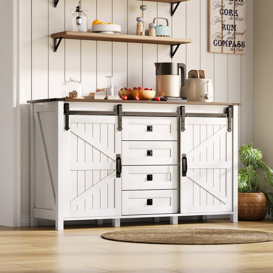 Dressoir – Sideboard – Opbergkast – Buffetkast – Ladekast – 137 cm Breed – MDF Wit Met Schuifdeuren En 4 Laden