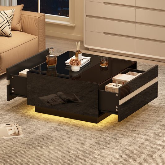 Salontafel – Koffietafel – Bijzettafel – Tafeltje – Woonkamertafel – Modern Geometrisch Design – 2 Lades – 70x70x36 cm – Hoogglans Zwart – Glas – Duurzaam & Praktisch