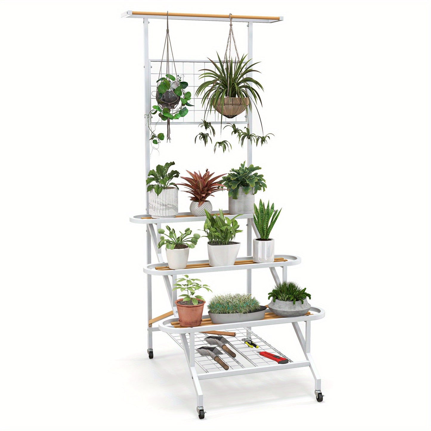 Plantenrek – Plantenstandaard – Plantentrap – Bloemenrek – Plantentafel – 3 Lagen Met Wieltjes – Metaal En Rubberhout – Voor Binnen En Buiten – Ruimtebesparend Ladderontwerp