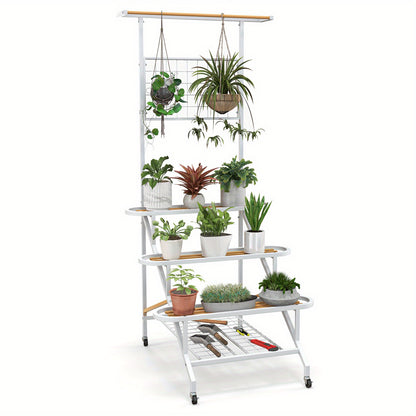 Plantenrek – Plantenstandaard – Plantentrap – Bloemenrek – Plantentafel – 3 Lagen Met Wieltjes – Metaal En Rubberhout – Voor Binnen En Buiten – Ruimtebesparend Ladderontwerp