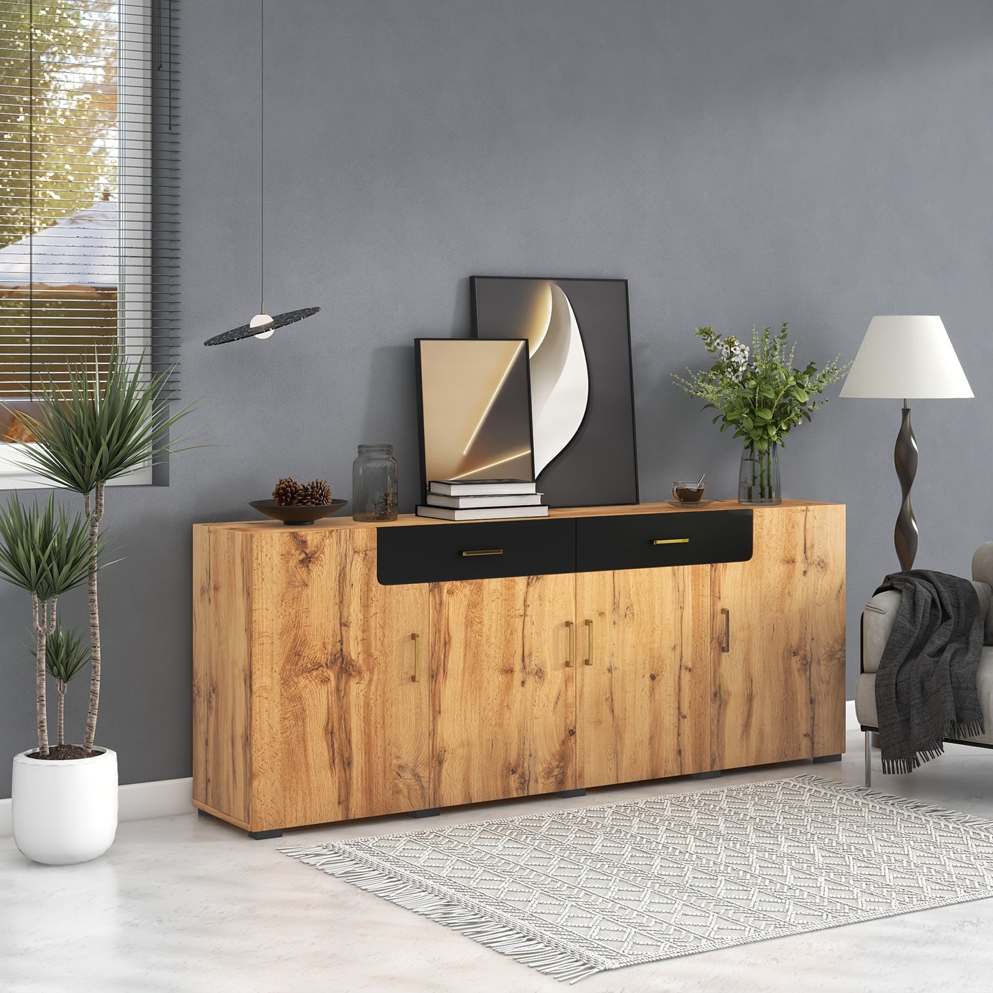 Dressoir – Opbergkast – Ladekast – Buffetkast – Kast – Hout – 208x39,5x80 cm – 4 Deuren en 2 Laden – Open Buffetgedeelte