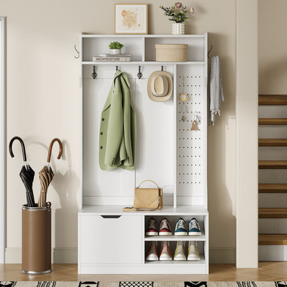 Kapstok – Garderoberek – Wandkapstok – Garderobe – Staande Kapstok – Compleet Garderobekast Met Bankje – 6 Haken – 100x185,5x40 cm – Zwart – Hoogwaardig Spaanplaat