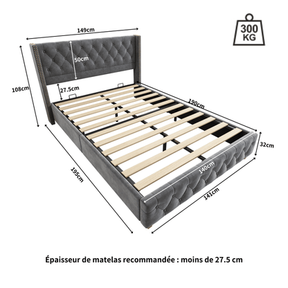 Bedframe Queen – Gestoffeerd Tweepersoonsbed – Platformbed – Bedframe Met Hoofdbord – Lits-Jumeaux – Grijs Fluweel – Lattenbodem – Stijlvol Button-Tufted Hoofdeinde