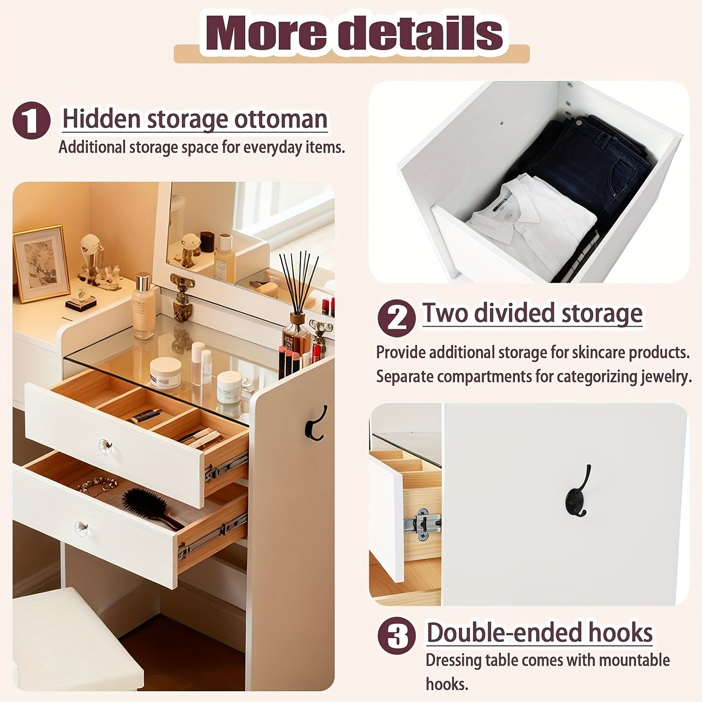 Three-in-one Corner Vanity Unit with 90° Folding Mirror, Glass Worktop, Storage-integrated Padded Stool, Side Hooks for Hanging Cosmetics, Premium Materials And Straightforward Assembly, White Finish, Space-saving Design., B