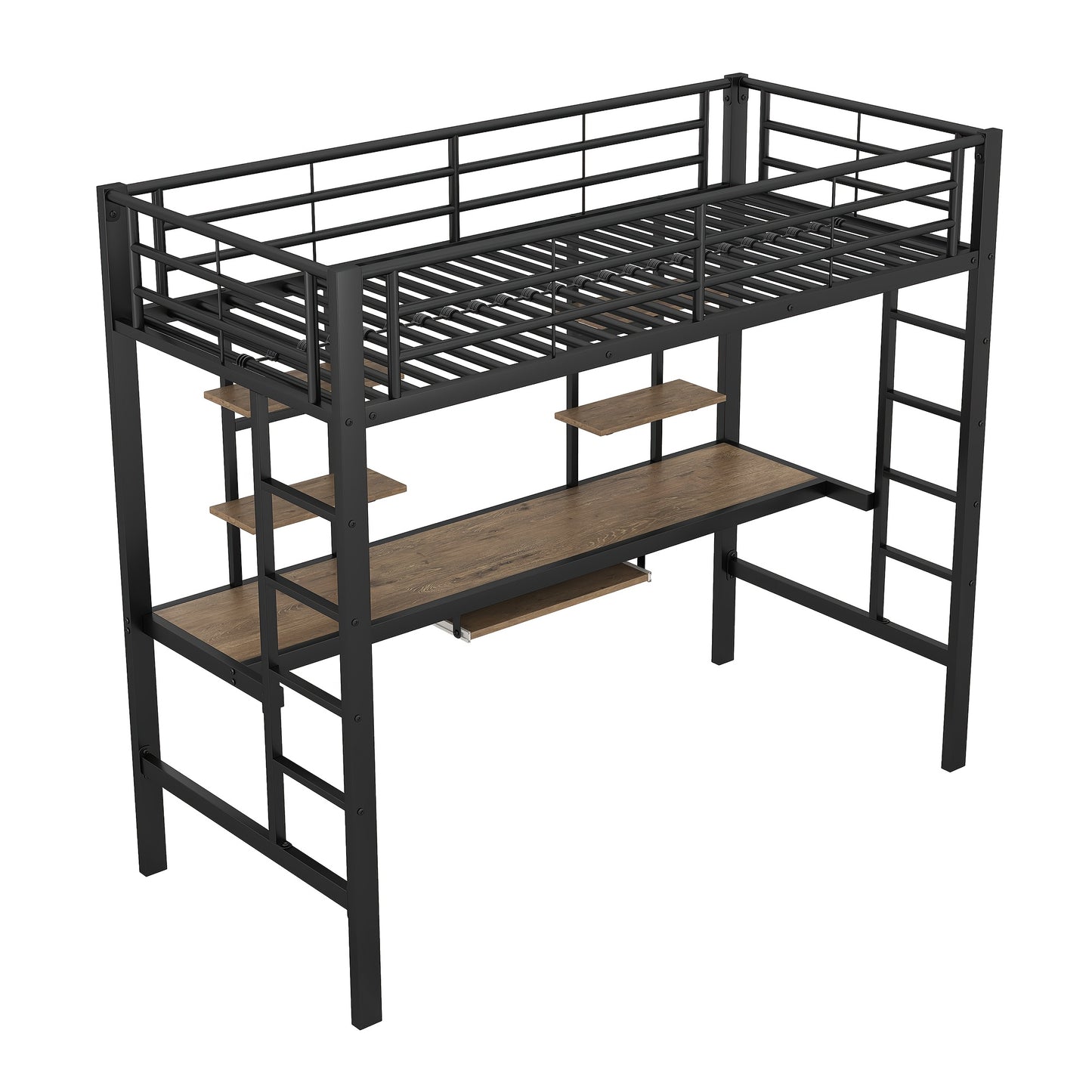 Bedframe – Metalen Bed – IJzeren Bed – Hoogslaper – Eenpersoonsbed – Inclusief Bureau En Boekenplanken – Robuust Stalen Frame – Afmeting 90x200 cm – Zwart
