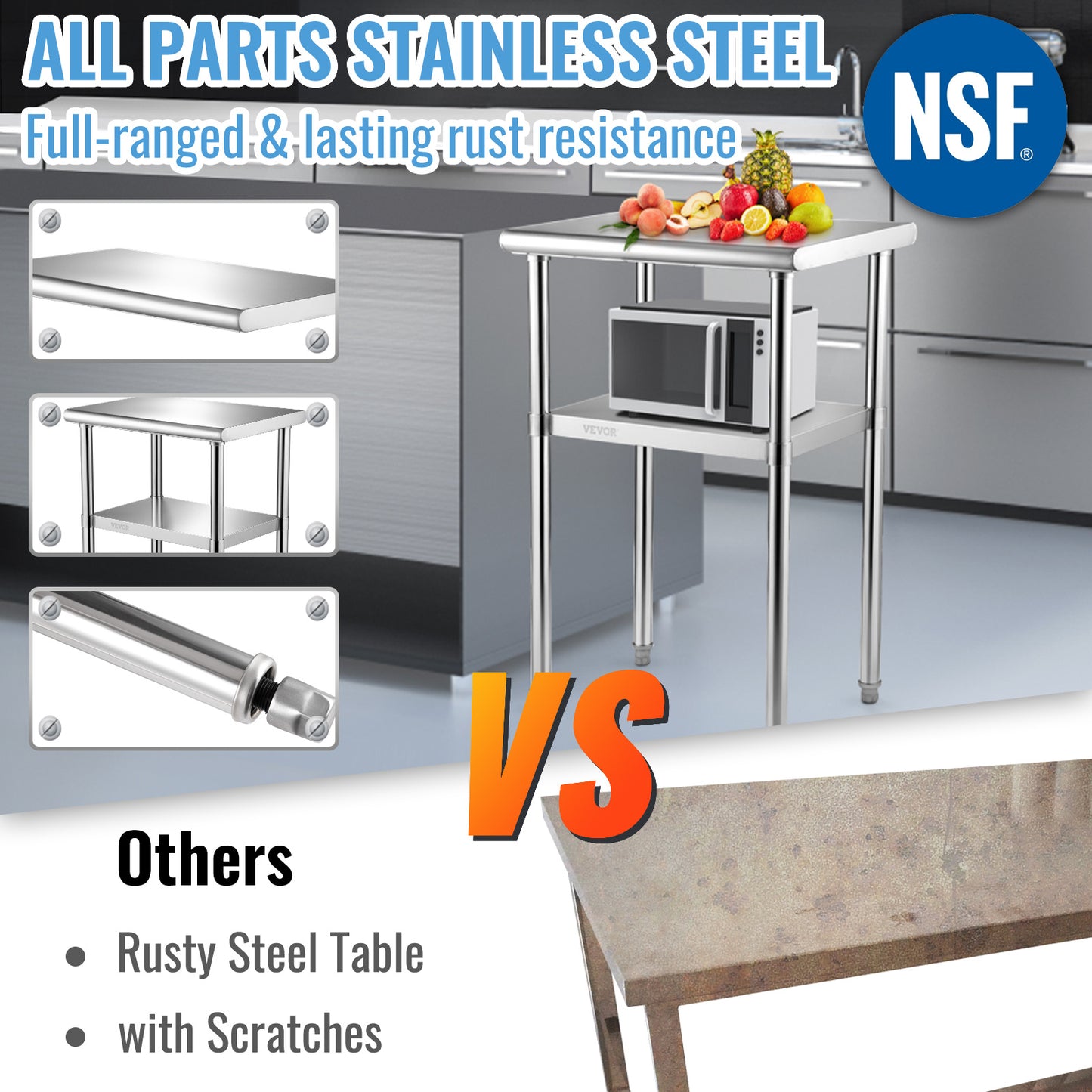 RVS Werktafel – Roestvrijstalen Werkbank – Metalen Werktafel – Keukentafel – Werkbank Garage – 61x46x91 cm – 272 kg Draagvermogen – Verstelbare Onderplank & Poten