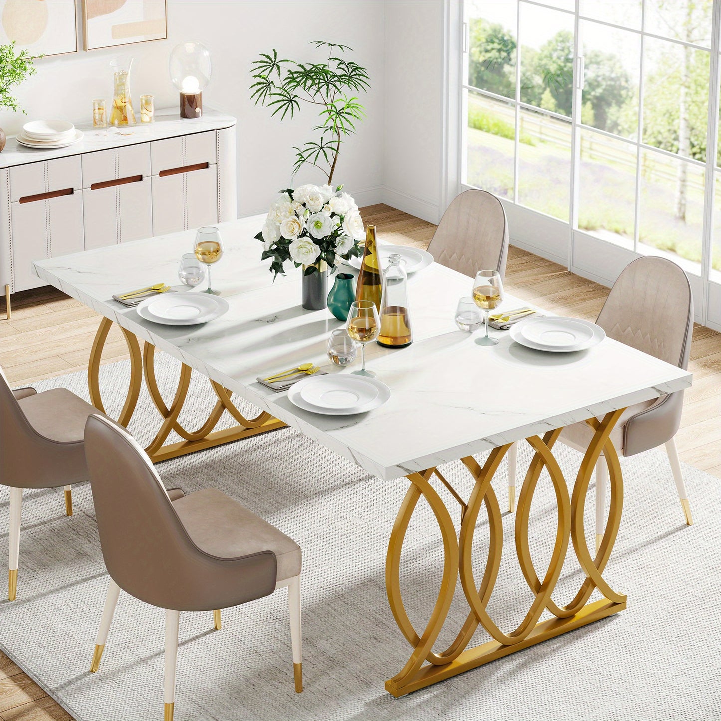 Eettafel – Tafel – Eettafel Modern – Keukentafel – Marmeren Tafel – Wit Gouden Design – 160 cm Groot – MDF & Stalen Constructie