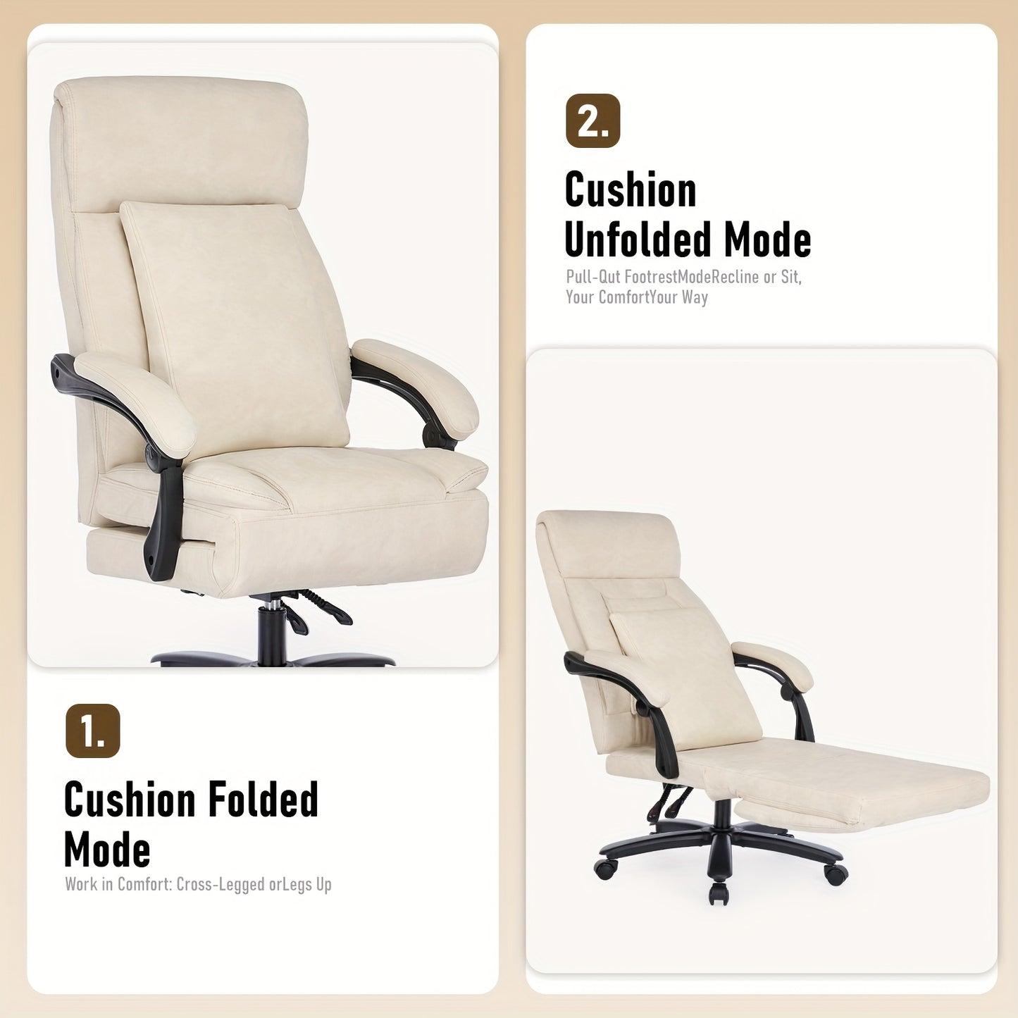 Bureaustoel – Bureaustoel Met Wieltjes – Desk Chair – Werkstoel – Retro Beige – Draagkracht 500 Kg – PU Leer Bekleding