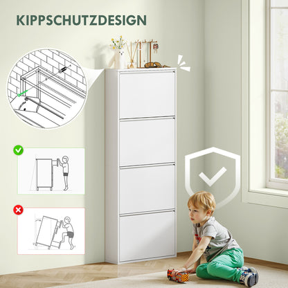Schoenenkast – Schoenenrek – Schoenenopberger – Schoenenbank – Smalle Metalen Kast – 4 Kantelbare Lades – Geschikt Voor 8 Paar Schoenen – Wit