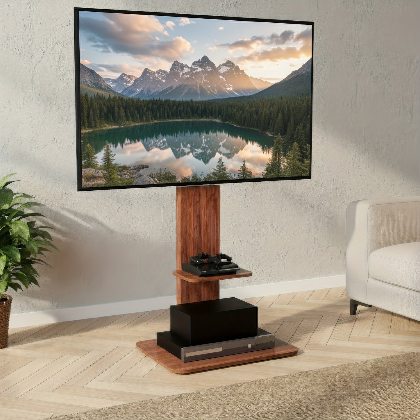 Zware TV-Standaard – Voor 32–65 Inch Schermen tot 39,9 kg – Verstelbare Vloermontage (130–152 cm), Houten & Metalen Frame met Opslagplank