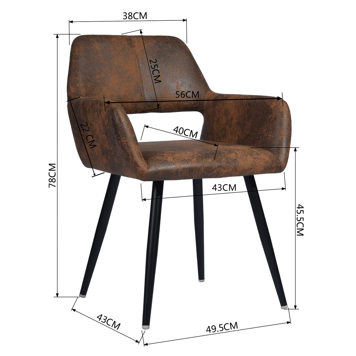 Eetkamerstoel – Kuipstoel – Stoel Met Armleuningen – Industrieel – Retro – Suède Bekleding – Met Metaal Frame – Comfortabel Zitcomfort