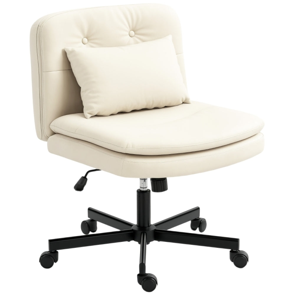 Bureaustoel – Kantoorstoel – Office Chair – Draaistoel – Bureaustoelen – Verstelbaar in Hoogte – Kunstleren Bekleding – Ergonomische Lendensteun – Zonder Armleuningen – Beige – Met Wieltjes – Met Extra Kussen – Met Voetensteun – Stabiel Metalen Onderstel