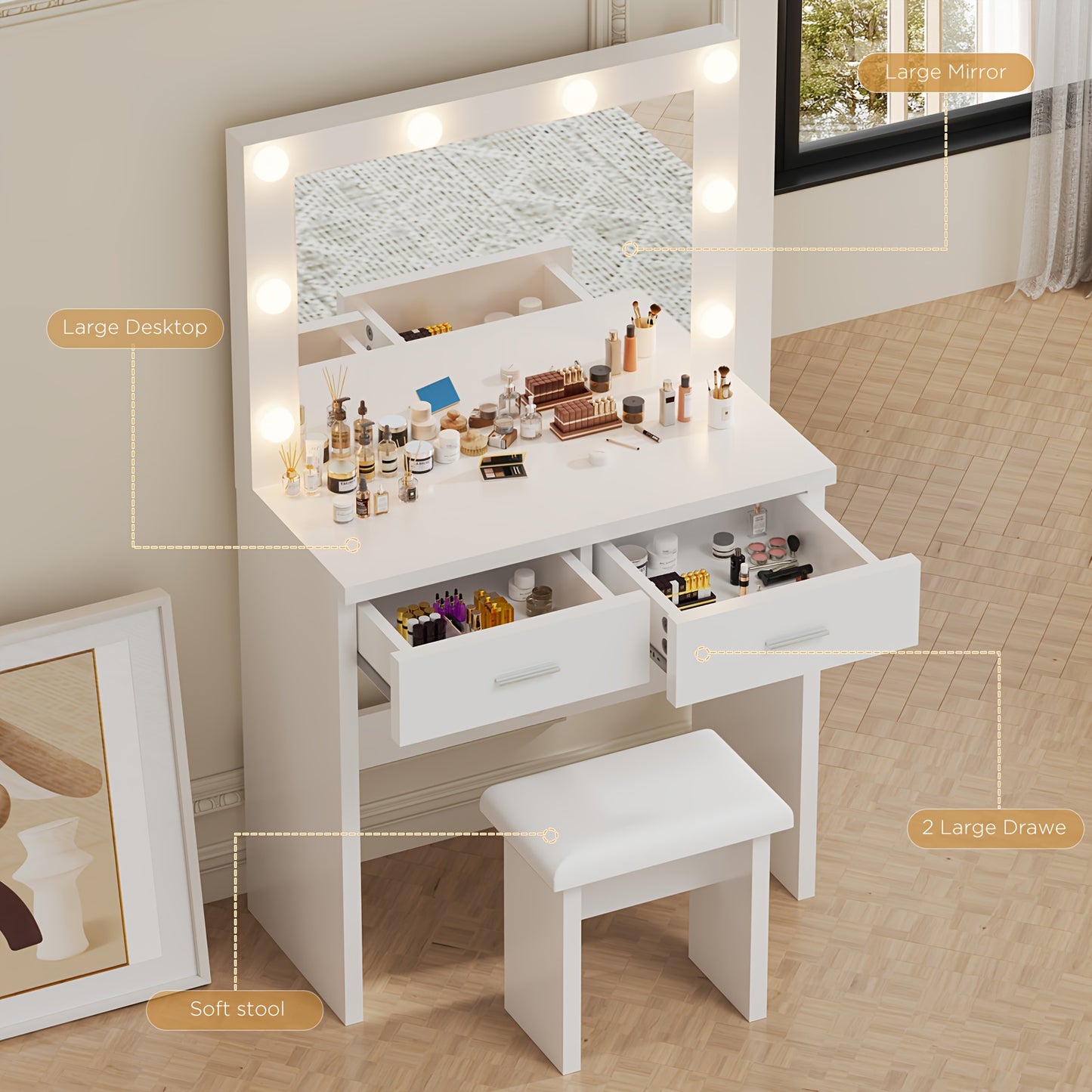 Kaptafel – Make-up Tafel – Opmaaktafel – Dresser – Cosmeticatafel – Wit – LED-Verlichting Verstelbaar – 2 Laden Opbergruimte