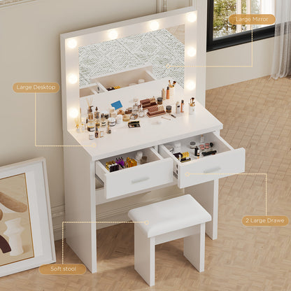 Kaptafel – Make-up Tafel – Opmaaktafel – Dresser – Cosmeticatafel – Wit – LED-Verlichting Verstelbaar – 2 Laden Opbergruimte