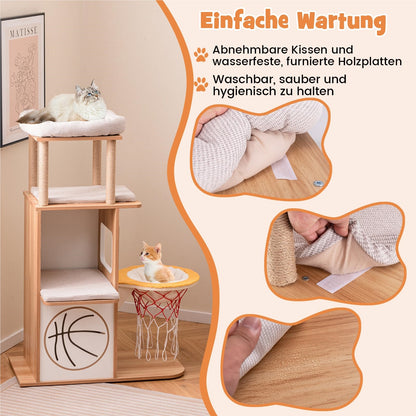 Krabpaal – Kattenboom – Kattenmeubel – Krabton – Krabhuis – 120 cm Hoog – Houten Structuur Met Hangmat Basketbal Design