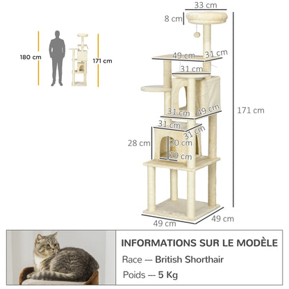 Krabpaal – Kattenboom – Kattenhuis – Krabmeubel – Kattenpaal – 171 cm Hoog – Met 2 Nestjes en 6 Platforms – Natuurlijk Sisal & Hangpompons