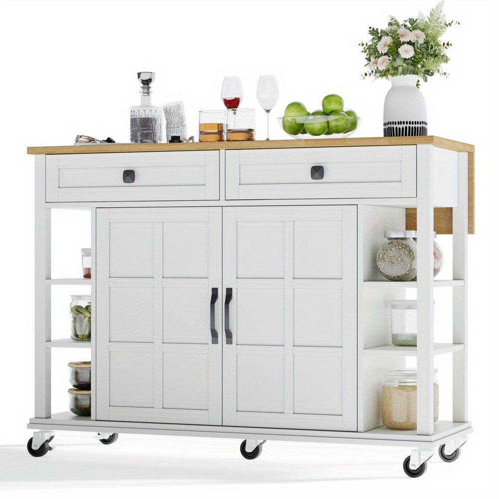 Keukentrolley – Serveerwagen – Keukenrolwagen – Opbergtrolley – Keukenwagen – Uitklapbaar Werkblad – 120 x 65 cm – Met 2 Lades – Met Wieltjes