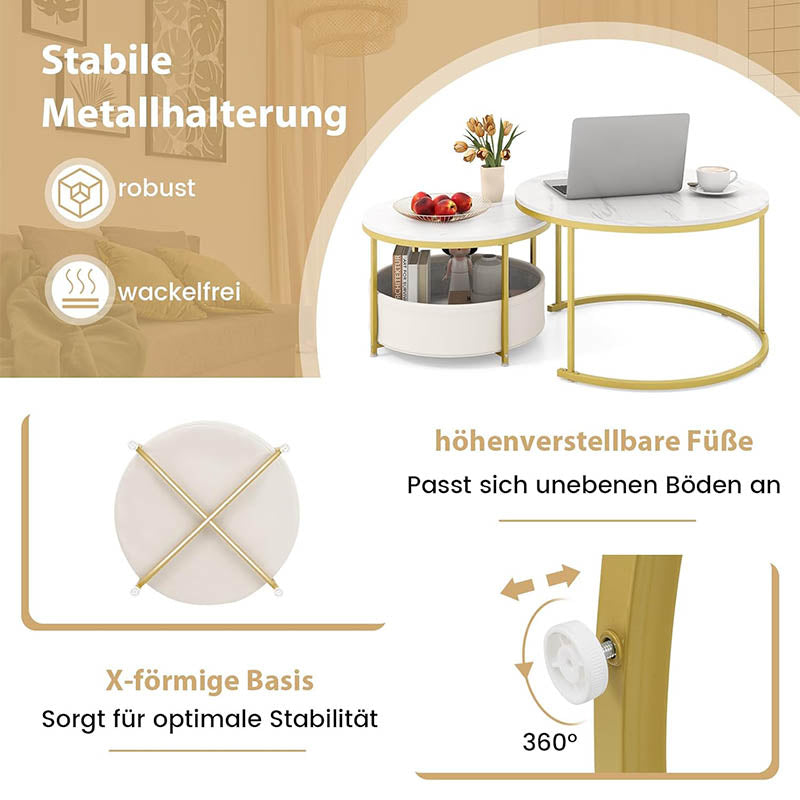 Set van 2 Ronde Bijzettafels – Koffietafel – Salontafel – Nachttafel – Werktafel – Nestbaar Design – Marmerlook Met Stoffen Opbergmand – Wit