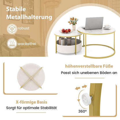 Set van 2 Ronde Bijzettafels – Koffietafel – Salontafel – Nachttafel – Werktafel – Nestbaar Design – Marmerlook Met Stoffen Opbergmand – Wit