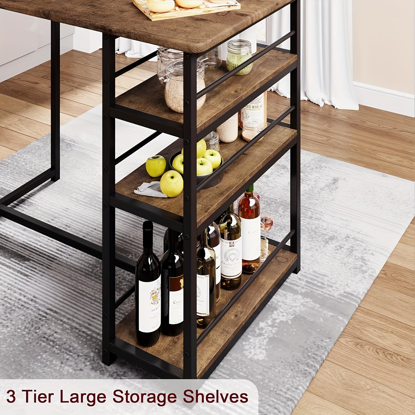 Eettafel – Keukentafel – Tafel – Eetkamertafel – Eethoek – Compact Rechthoekig MDF Tafelblad – Met 3 Opbergplanken en Gestoffeerde Barkrukken