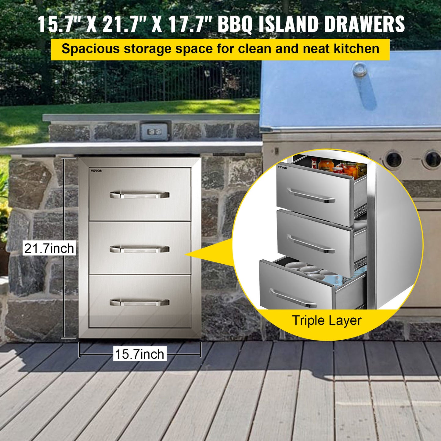 bbq lades – buitenkeuken lades – opberglades – uitvalschuifladen – bbq eiland opbergruimte – roestvrij staal – 3-laags ruime lades