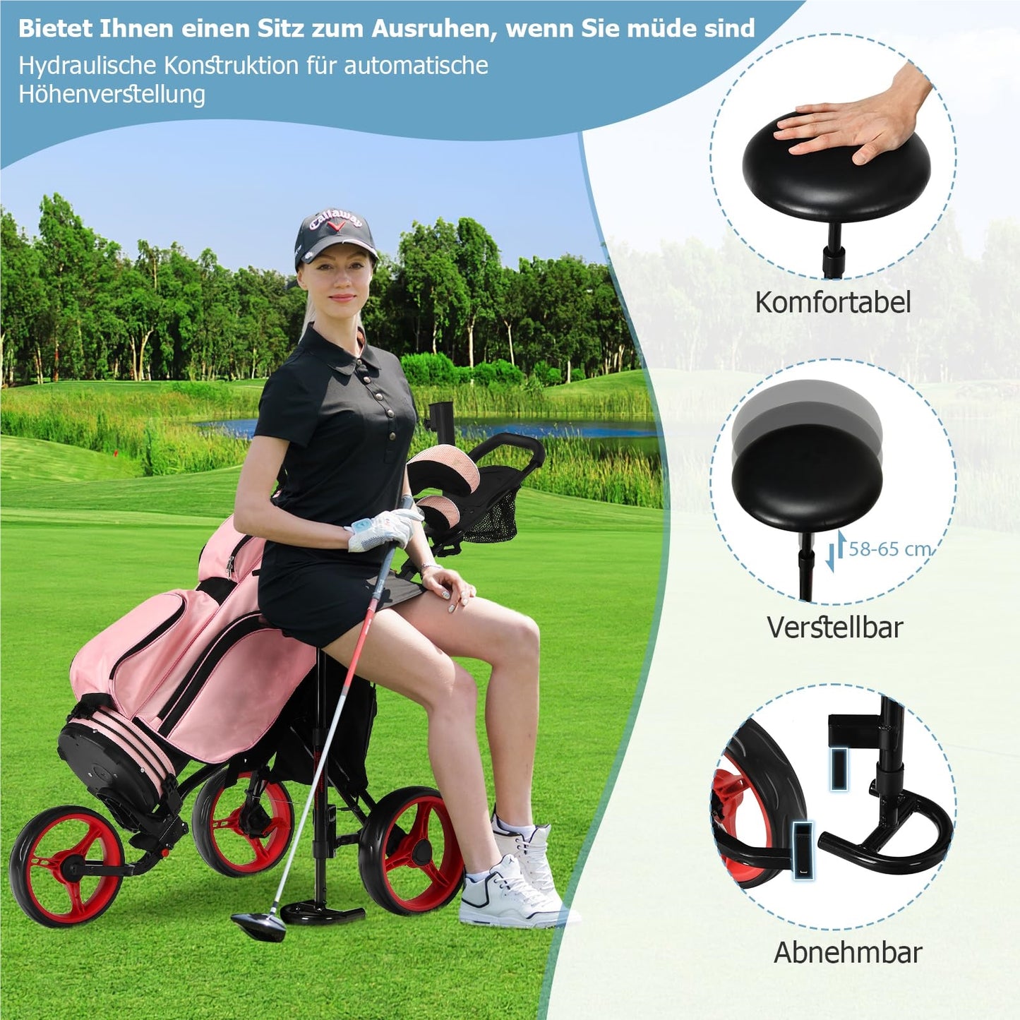 Golf Trolley – Golfkar – Golfkarretje – Golfwagen – Golf Caddy – Inklapbaar – Verstelbare Handgreep & Zitje – Stalen Frame – EVA Wielen – Rood