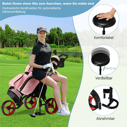 Golf Trolley – Golfkar – Golfkarretje – Golfwagen – Golf Caddy – Inklapbaar – Verstelbare Handgreep & Zitje – Stalen Frame – EVA Wielen – Rood