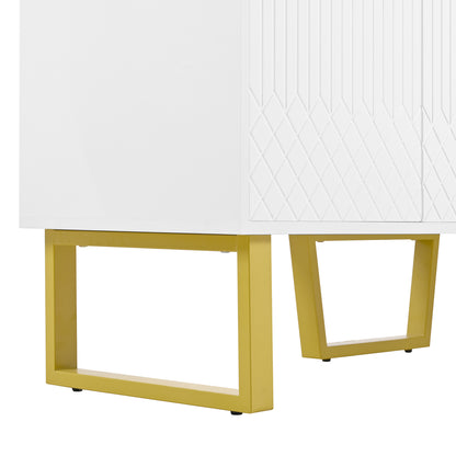 Dressoir – Sideboard – Opbergkast – Kast – Buffetkast – Wit Hoogglans – Geometrische Deuren – 140x40x80 cm – Metalen Handgrepen – Metalen Pootjes