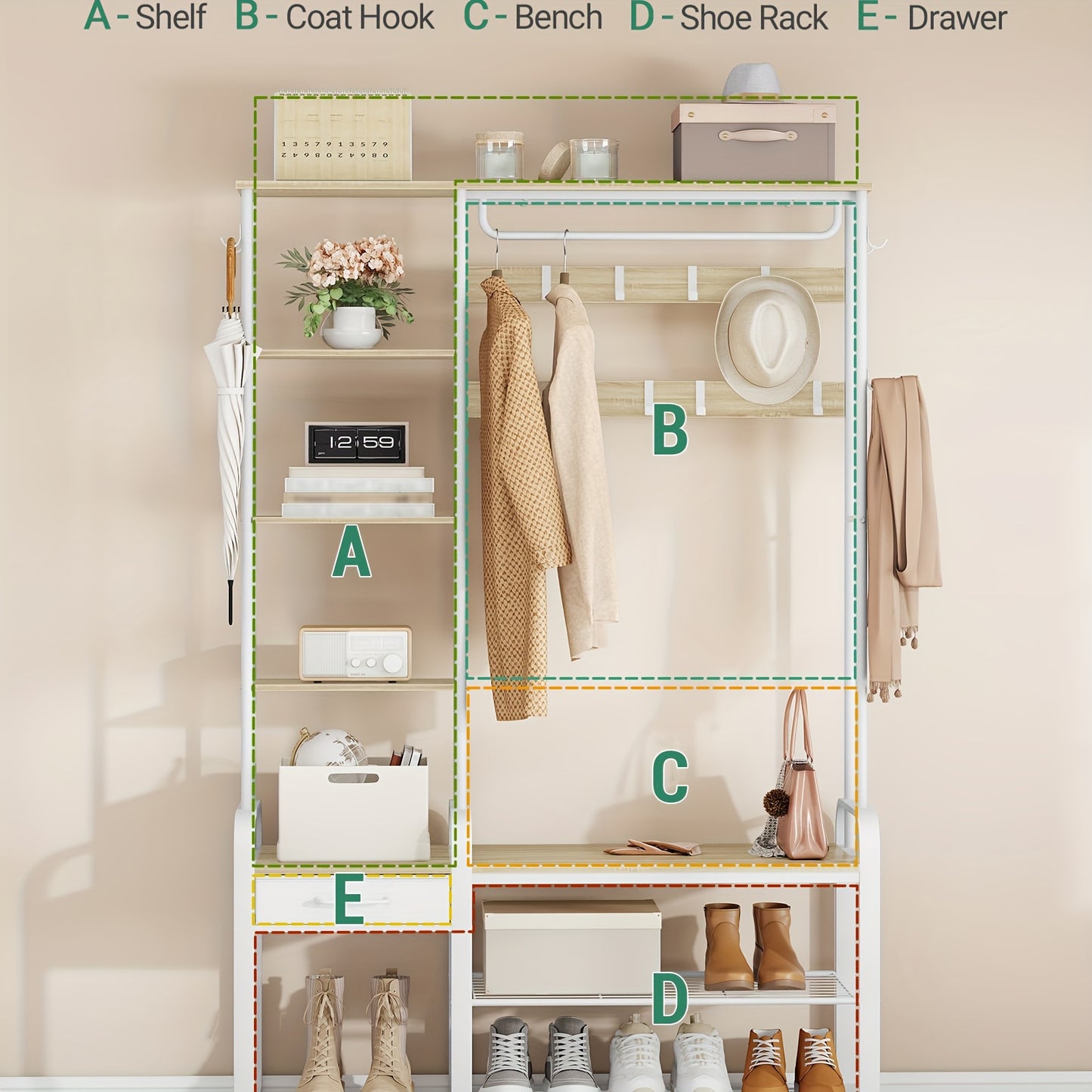 Kapstok – Schoenenrek – Garderobe – Kledinghanger – Schoenenbank – 5-in-1 Multifunctioneel – Stevig Metalen Frame – 182 cm Hoog
