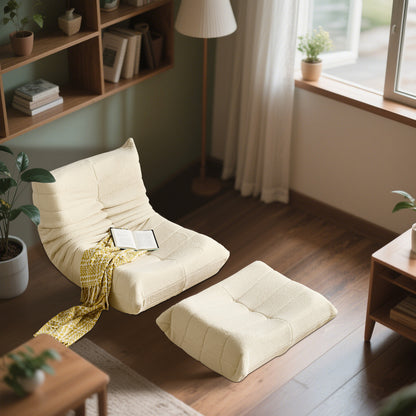 Relaxfauteuil – Loungestoel – Leunstoel – Zitzak – Lazy Sofa – Verstelbaar – Extra Dikke Kussens – Wit Met Voetensteun