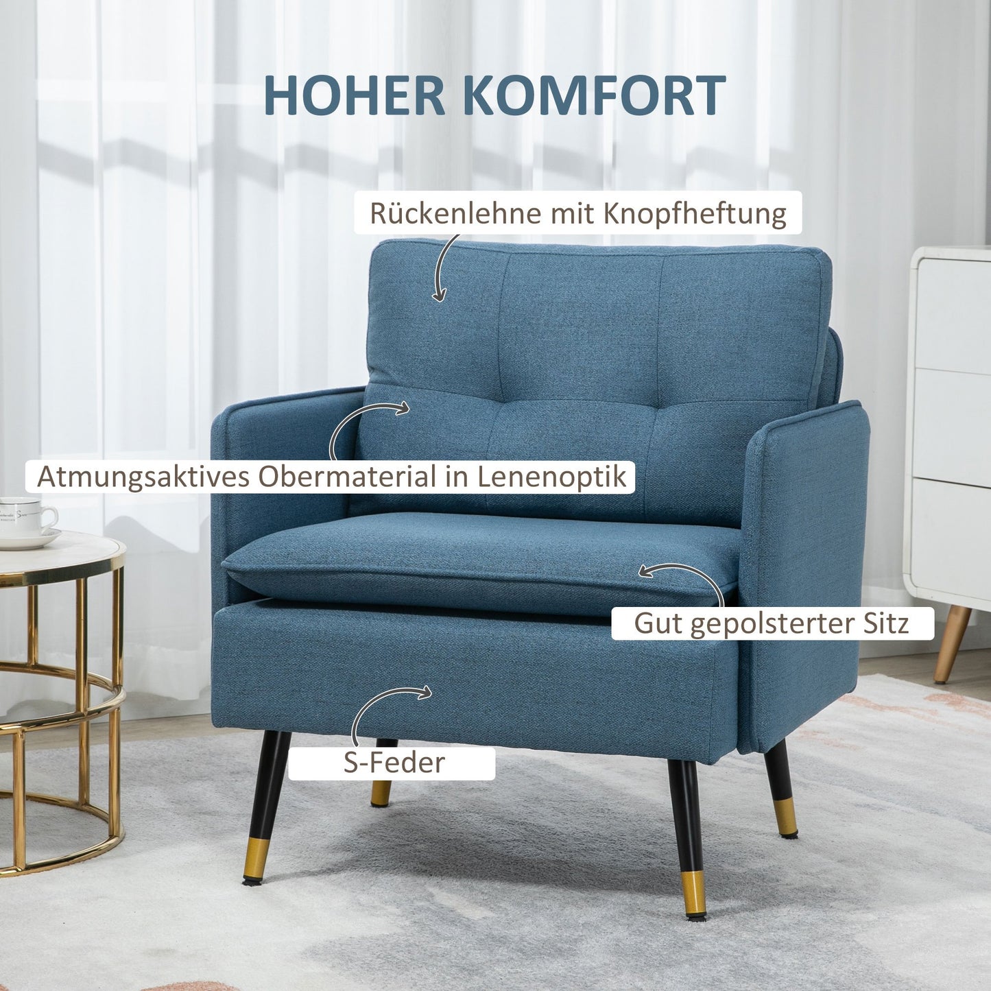 Accentstoel – Fauteuil – Stoel – Leunstoel – Zithoekstoel – Blauw Met Button Tufting – Afneembare Bekleding – Zwart Met Gouden Accenten