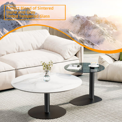 Ronde Salontafel Set – Bijzettafel – Nestbare Tafels – Koffietafel – Woonkamer Tafel – Wit Sintered Stone & Grijs Glas – Zwart Metalen Frame – Krasbestendig & Compact