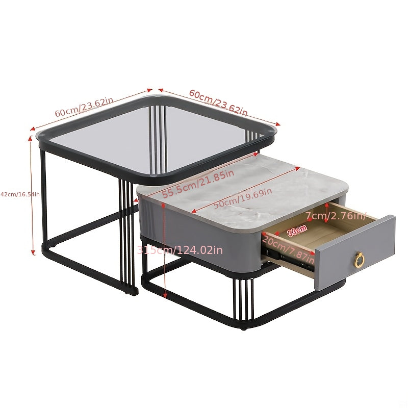 Salontafel – Woonkamertafel – Koffietafel – Bijzettafel – Middentafel – Uitbreidbaar – Marmerlook Glasblad – Zwart Metalen Frame – Verborgen Opberglades – Duurzaam & Makkelijk Schoon Te Maken