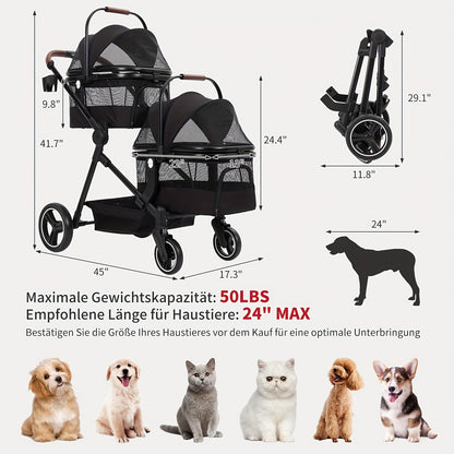 Dubbeldekker Dierenwagen – Hondenwagen – Dierenbuggy – Huisdierenwagen – Pet Stroller – Inklapbaar – Lichtgewicht Aluminium Frame – Waterafstotende Oxford Stof