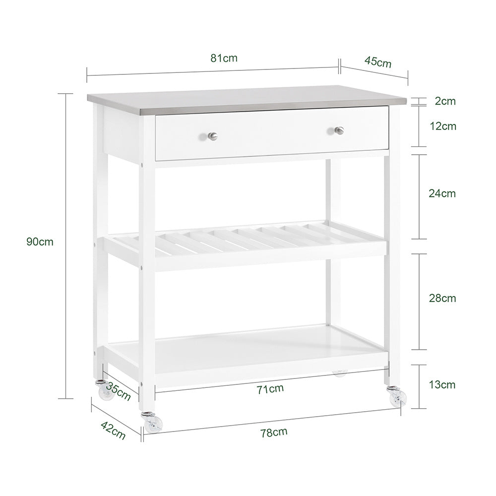 Keukentrolley – Serveerwagen – Keukenkast – Trolley op Wielen – Keukenwagen – Compact 81x90x45 cm – MDF en RVS Werkblad – Mobiel met 4 Wielen en Remmen