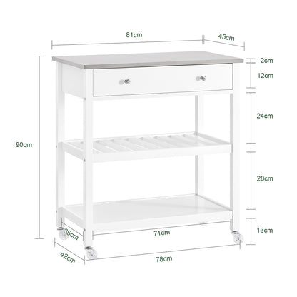 Keukentrolley – Serveerwagen – Keukenkast – Trolley op Wielen – Keukenwagen – Compact 81x90x45 cm – MDF en RVS Werkblad – Mobiel met 4 Wielen en Remmen