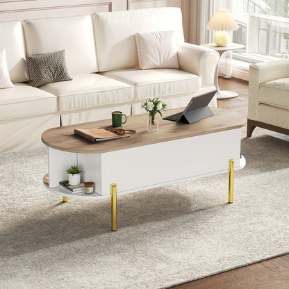Salontafel Verstelbaar – Koffietafel – Bijzettafel – Opbergtafel – Woonkamertafel – Bamboe Materiaal – 7 Verborgen Vakken – Gouden Poten