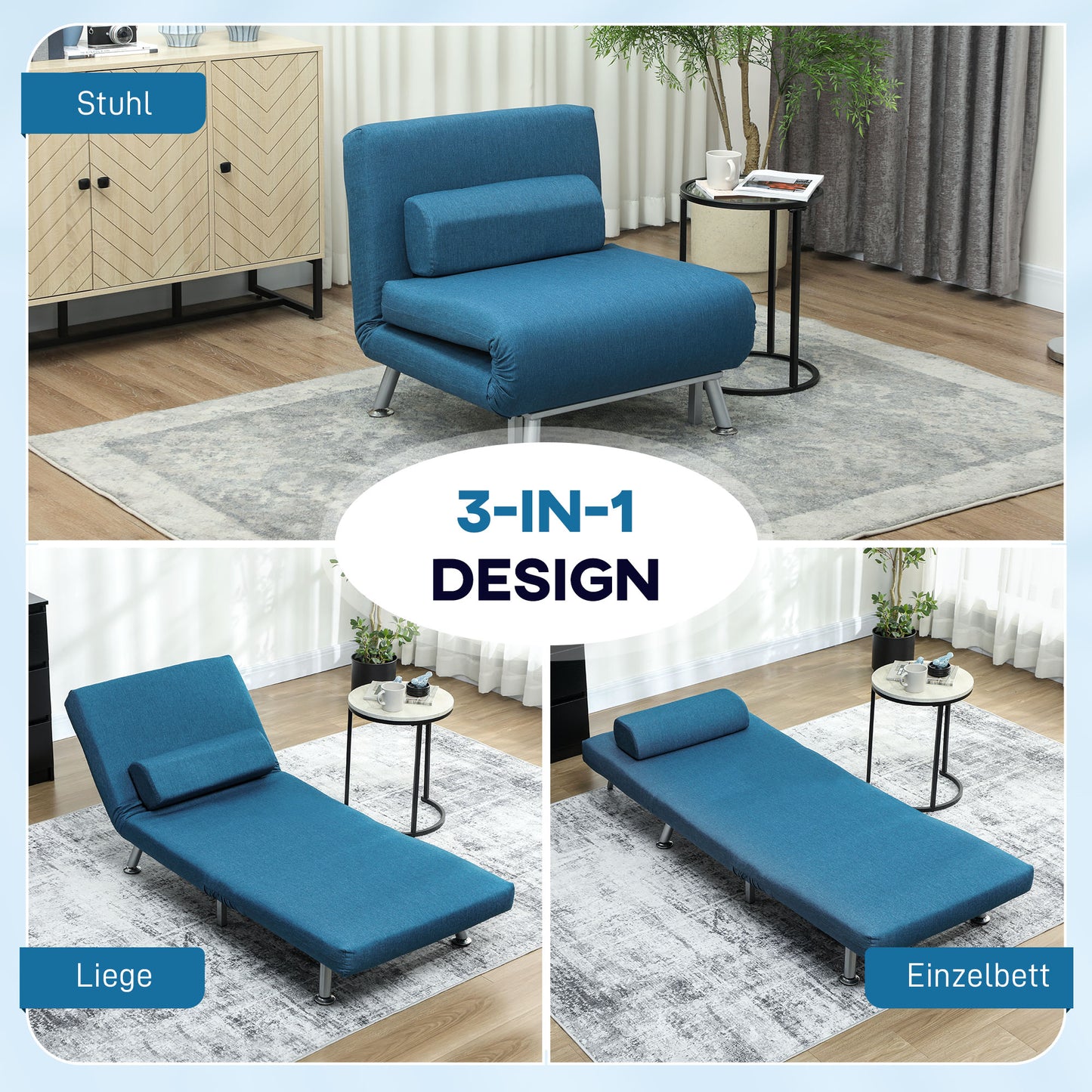 Stoelbed – Relaxstoel – Slaapstoel – Slaapfauteuil – Zitbank – Inklapbaar – Verstelbare Rugleuning – Linnen Look Blauw – 75x70x75 cm