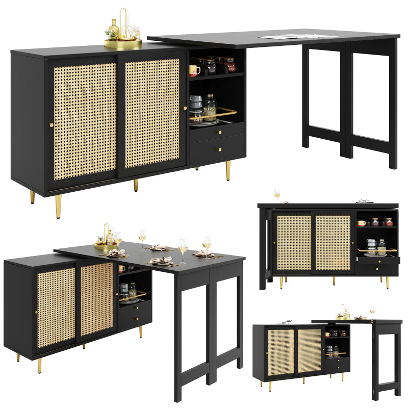 Bartafel – Statafel – Keukentafel – Bistrotafel – Barmeubel – 360° Draaibaar & Uitschuifbaar – MDF Met Rattan Opbergruimte – Zwart Retro Design – Compact Voor Kleine Ruimtes