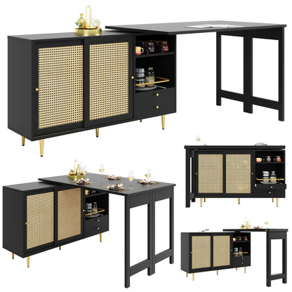 Bartafel – Statafel – Keukentafel – Bistrotafel – Barmeubel – 360° Draaibaar & Uitschuifbaar – MDF Met Rattan Opbergruimte – Zwart Retro Design – Compact Voor Kleine Ruimtes