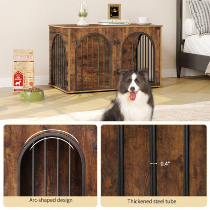 Hondenhok – Hondenkennel – Hondenbench – Hondenkooi – Huisdierenbench – Modern Arched Design – 3 Deuren – 60x100x63 cm – Voor Kleine Tot Middelgrote Honden – Gemaakt Van Stevig Metaal En Hout – Multifunctioneel Met Zijtafel – Ivoor Kleur