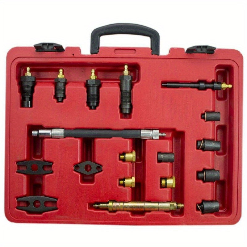 Compressietester – Drukmeter – Motorcompressietester – Cilinderdruktester – Testset – Geschikt Voor Benzine En Diesel – Meet Tot 40 BAR / 600 PSI – Inclusief Diverse Adapters – Met Opbergcase – Rood