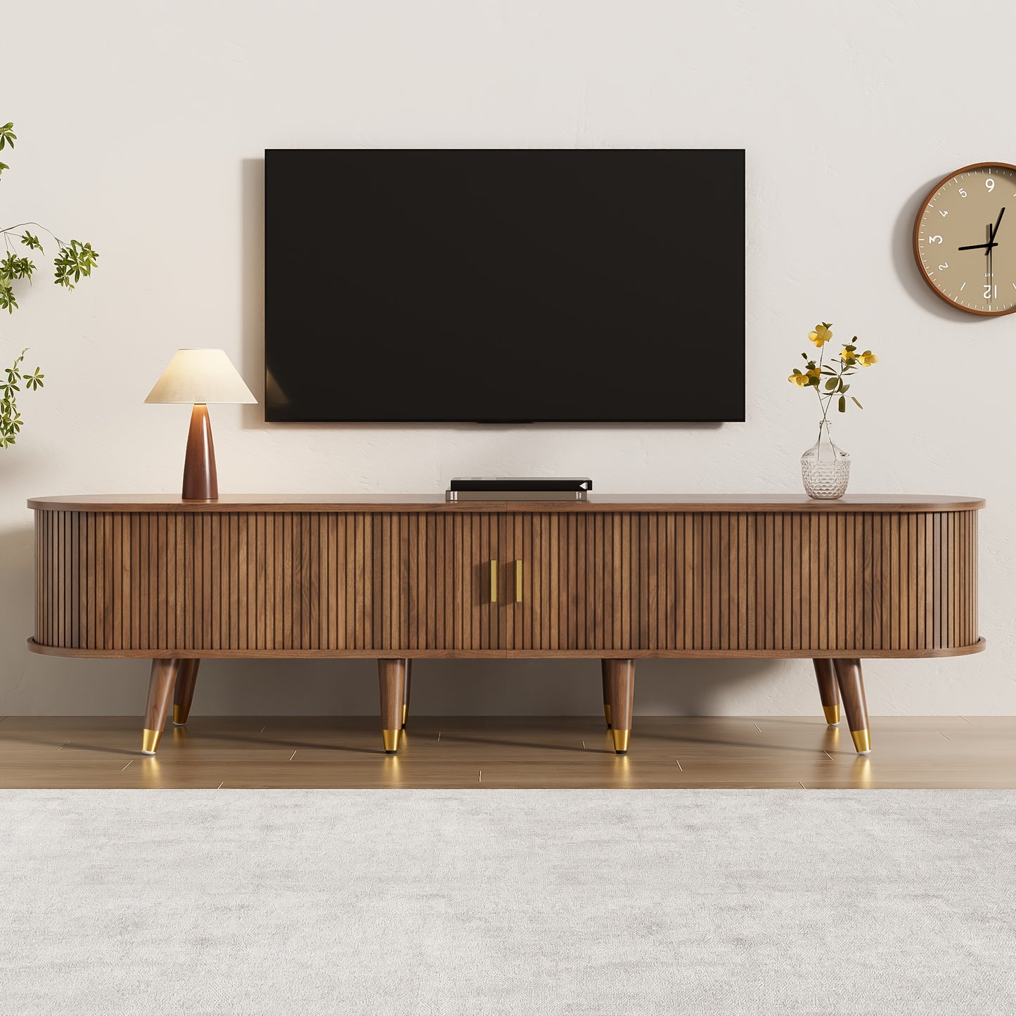 TV-kast – TV-meubel – Mediameubel – TV-dressoir – Tv-meubel met rieten schuifdeuren – Walnootkleur – 175 cm breed – Ruime opbergruimte – Duurzaam bamboemateriaal