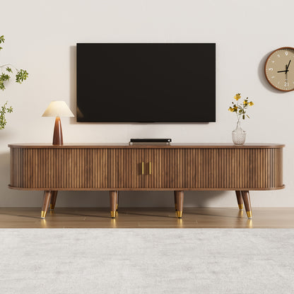 TV-kast – TV-meubel – Mediameubel – TV-dressoir – Tv-meubel met rieten schuifdeuren – Walnootkleur – 175 cm breed – Ruime opbergruimte – Duurzaam bamboemateriaal