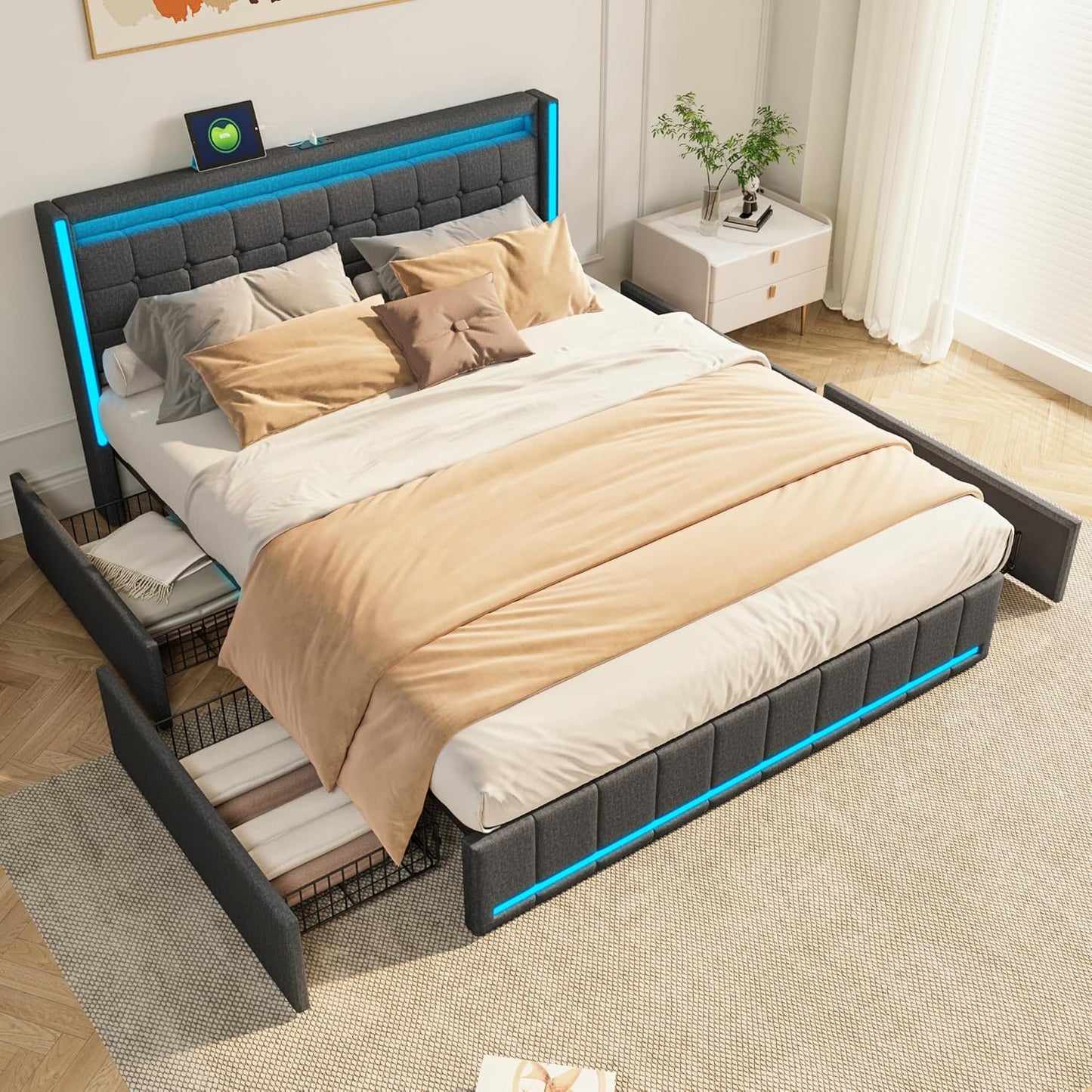 YCZ Bed Frame with Storage Space, Double Headboard Upholstered Bed with LED and USB, Storage Bed with 4 Drawers and Mattress, for Adults, BCDE