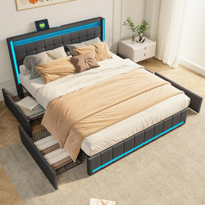 YCZ Bed Frame with Storage Space, Double Headboard Upholstered Bed with LED and USB, Storage Bed with 4 Drawers and Mattress, for Adults, BCDE