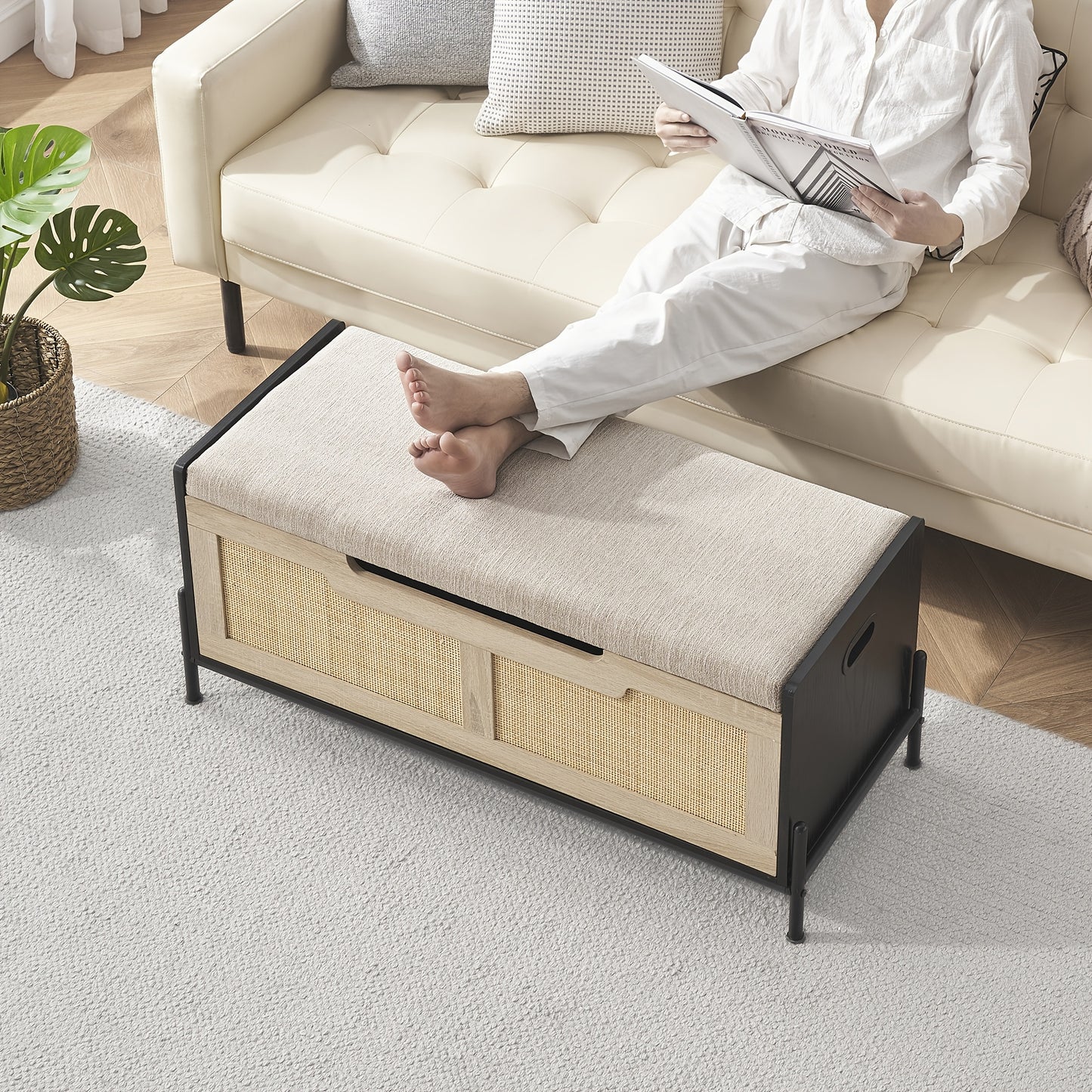 Schoenenbank – Schoenenkast – Opbergbank – Zitbank – Opbergkist – Extra breed – Veiligheidscharnieren – Draagkracht 99,79 kg – Zwart metalen rattan-look