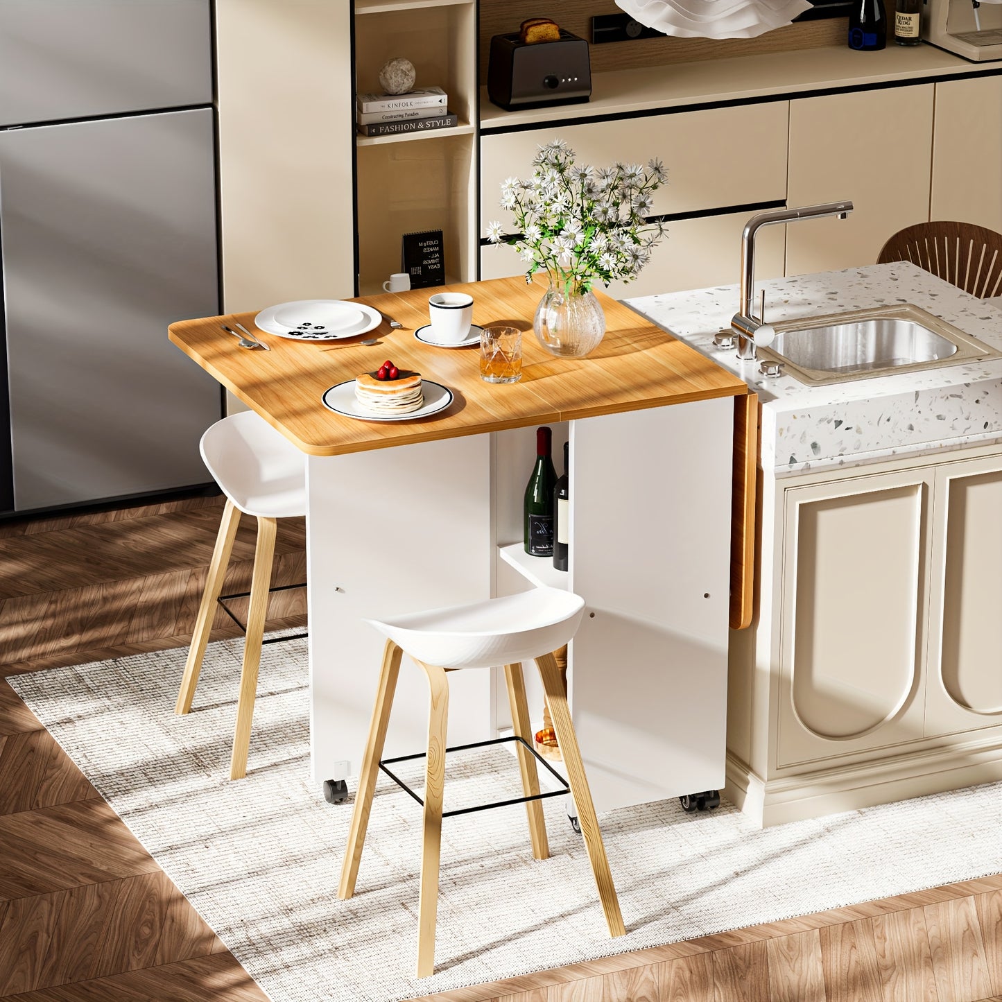 Expandable/Retractable Modern White & Wood Folding Dining Table with Locking Wheels, Storage Shelf & Space-Saving Design - Heavy-Duty Foldable Desk for 4-Person, Apartment, Dorm - /Plywood (120x70x75cm