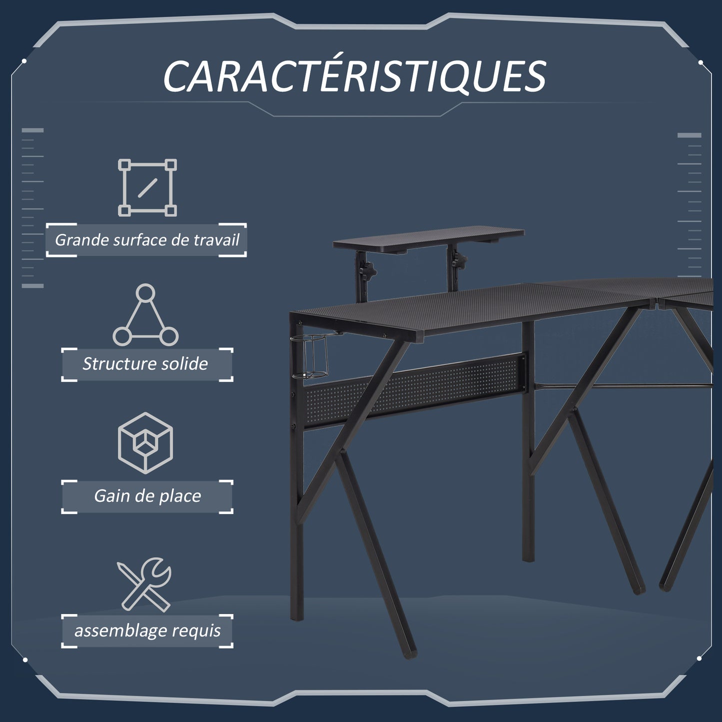 Hoekgamingbureau – Gamingbureau – Computerbureau – Werkbureau – Bureau hoekmodel – Carbon fiber textuur – Verstelbare schermplank – Metalen frame zwart