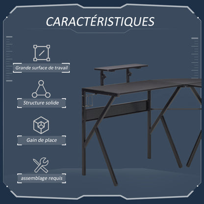 Hoekgamingbureau – Gamingbureau – Computerbureau – Werkbureau – Bureau hoekmodel – Carbon fiber textuur – Verstelbare schermplank – Metalen frame zwart